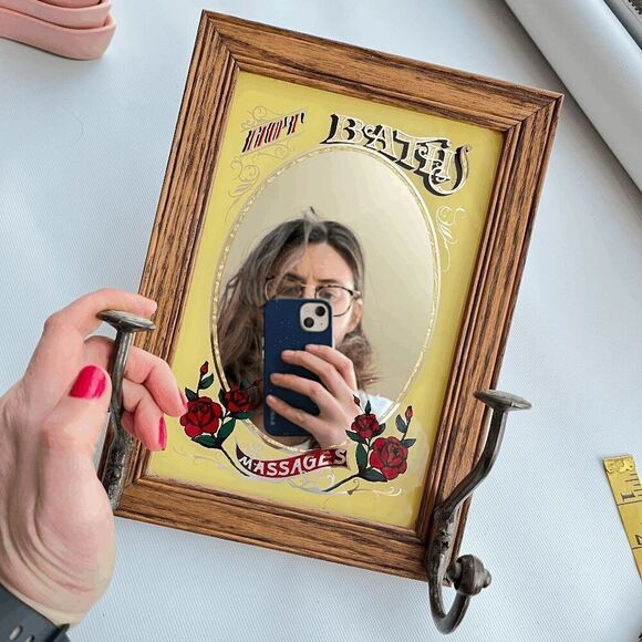 Vintage 1991 Hensley Wood-Framed Barbershop Mirror w/ Hooks, Rose Design - Picture 1 of 11